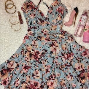 Blue floral dress with gold accents